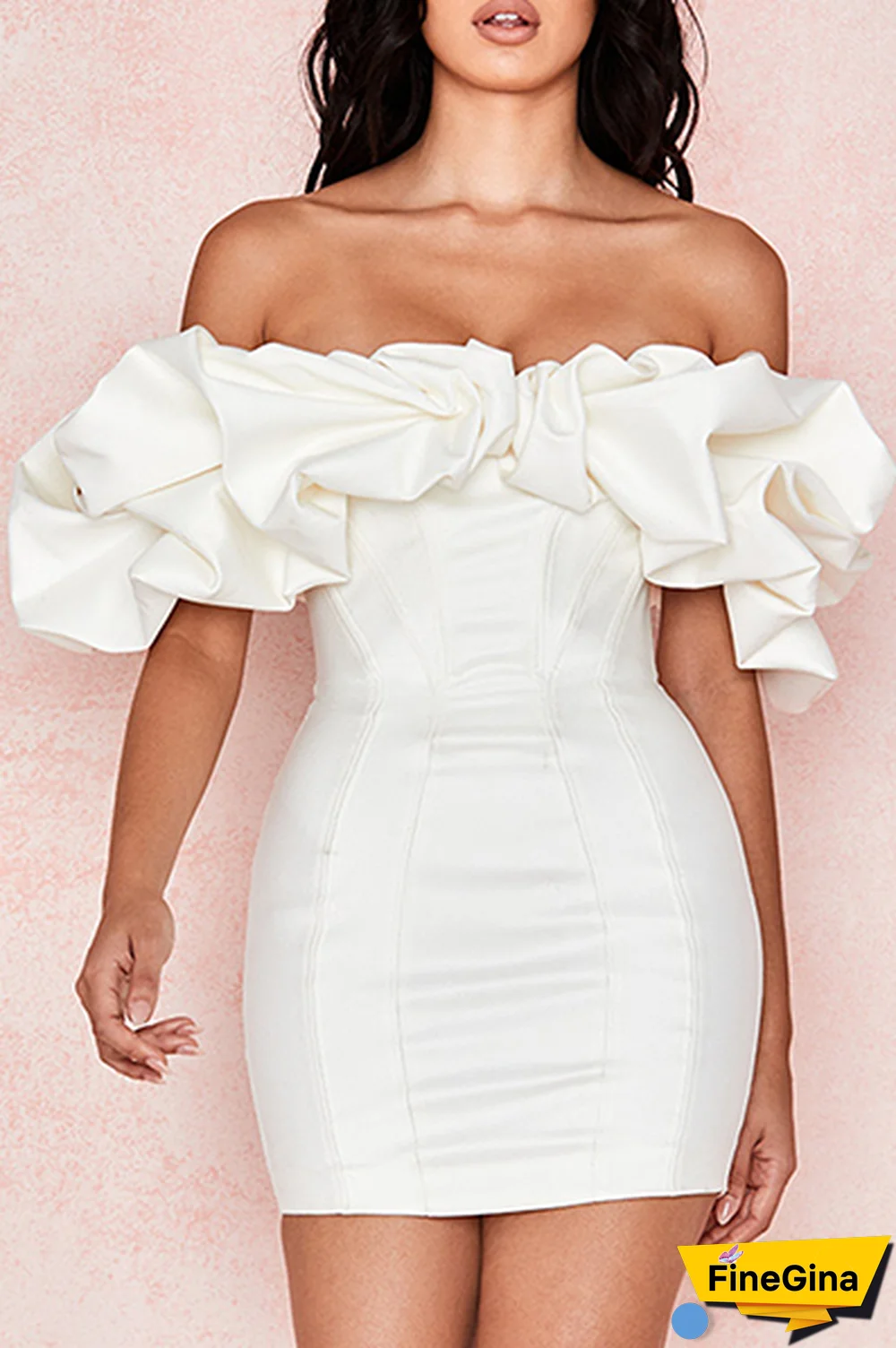 Elegant Solid Split Joint Flounce Off the Shoulder Wrapped Skirt Dresses