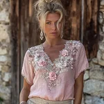 Vintage Pink Boho Floral Embroidered V Neck Linen T Shirt - Image 2