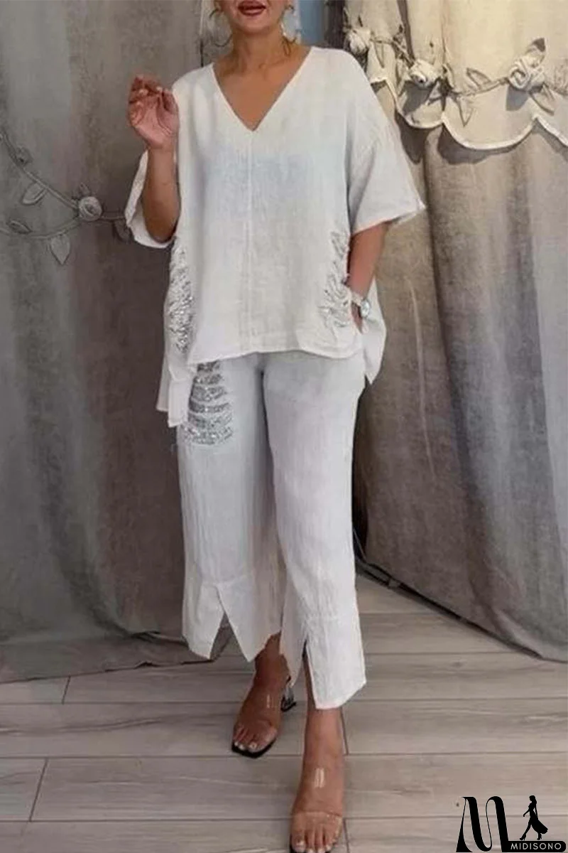 MidiSono - Casual Daily Ripped Sequins Irregular V Neck Half Sleeve Two Pieces(8 Colors)