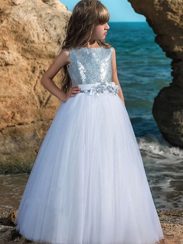 Hellodresses Sleeveless Jewel Neck Ball Gown Floor Length Flower Girl Dress With Sash  Ribbon Bow Paillette