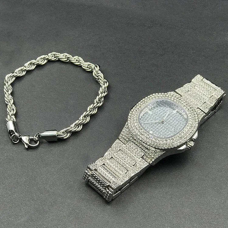 Luxury Men  Silver  Watch & Bracelet Combo Set-VESSFUL