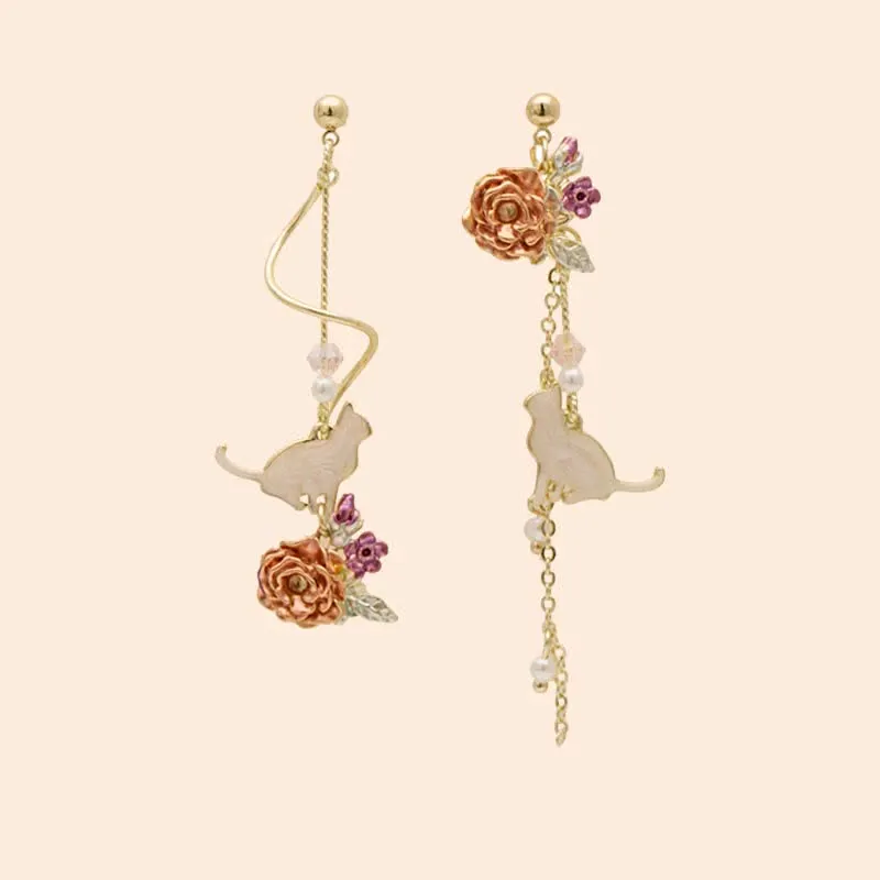 Asymmetrical Cat Blossom 925 Sterling Silver Stud Earrings Ear Clip