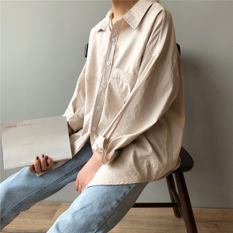 Minimalist Loose White Shirts for Women Turn-down Collar Solid Female Shirts Tops Spring Summer Blouses LANFUBEISI
