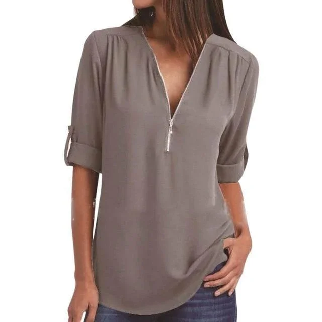 Zipper Short Sleeve Women Shirts Sexy V Neck Solid Casual Tee Shirts Tops Blouses Plus Size | IFYHOME