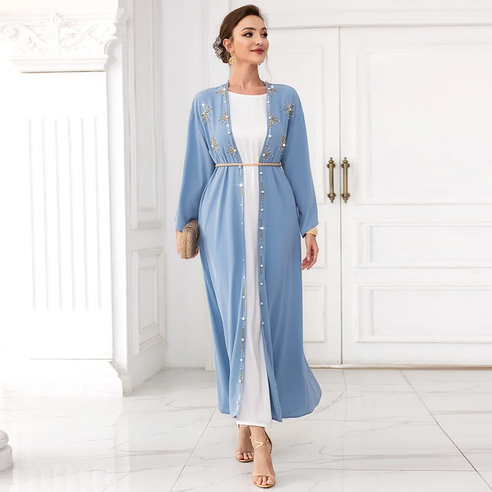 Rhinestone Pearl Long Sleeve Outwear Abaya