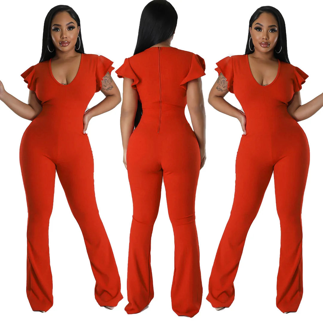 Solid Color Ruffle Sleeve Wide-leg Ladies Jumpsuit | IFYHOME