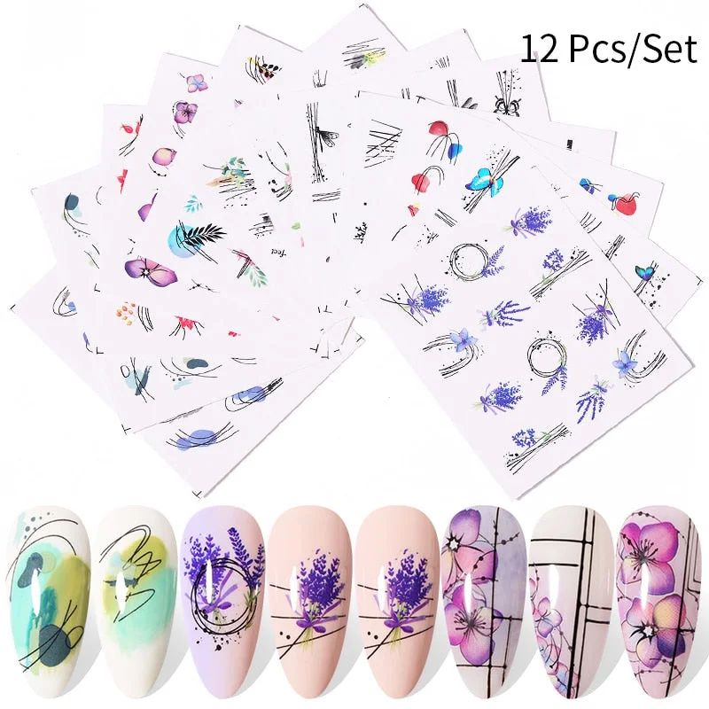 Harunouta 12Pcs Gradient Geometry Line Water Decals Set Pink Blue Colorful Whirlpool Wave Stickers Sliders Nail Art Decorations