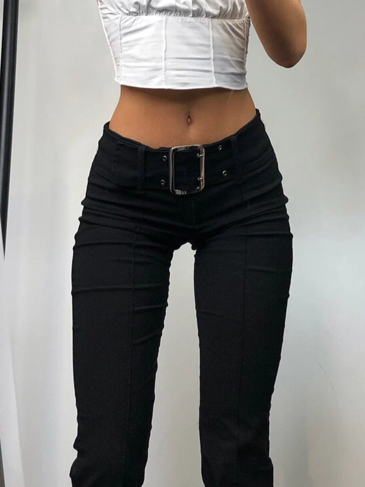 Rapcopter Black Sashes Flare Pants Slim Low Waisted Retro Trousers Grunge Casual Fashion Joggers Women Basic Korean Pants Cloth