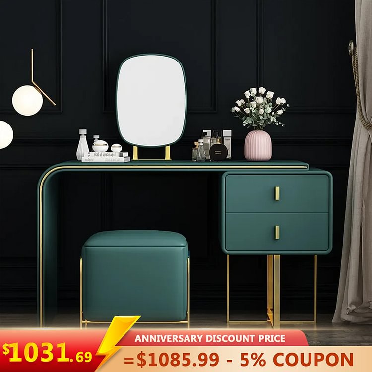 Homemys Green Makeup Vanity Set Expandable Dresser Table with Mirror&Side Cabinet&Stool