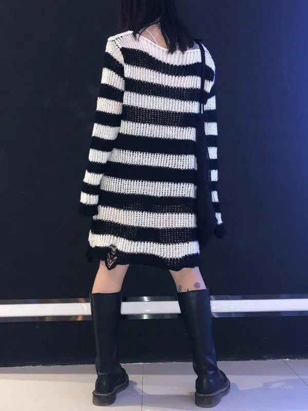 Brownm Distressed Stripe Longline Sweater