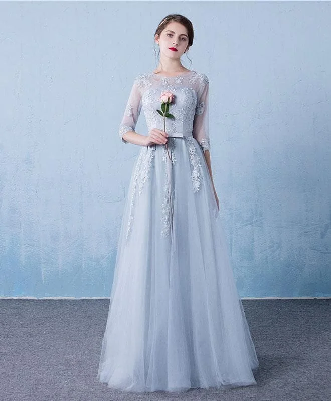 Gray Round Neck Tulle Lace Long Prom Dress, Gray Bridesmaid Dress