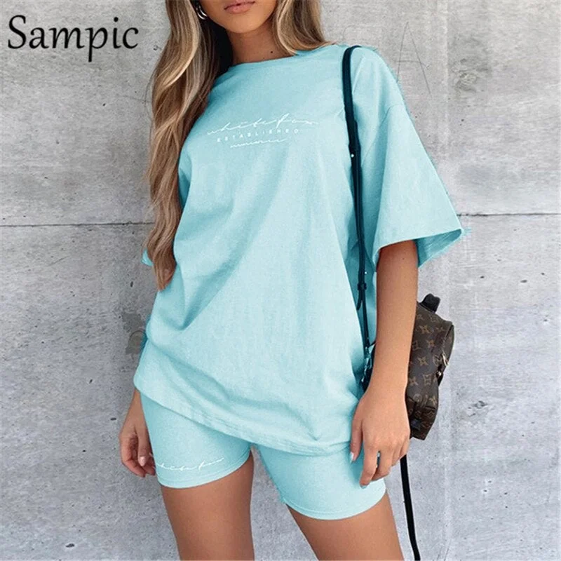 Sampic Summer Fashion O Neck Black Women Sets Loose Short Sleeve Shirt Tops And Bodycon Shorts Bottom Suit Two Piece Set Outfits 113