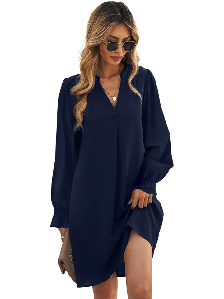 Solid Color Loose Waist Dress Temperament Elegant New V-neck Skirt Ruffle Long-sleeved Shirt Sleeve Skirt