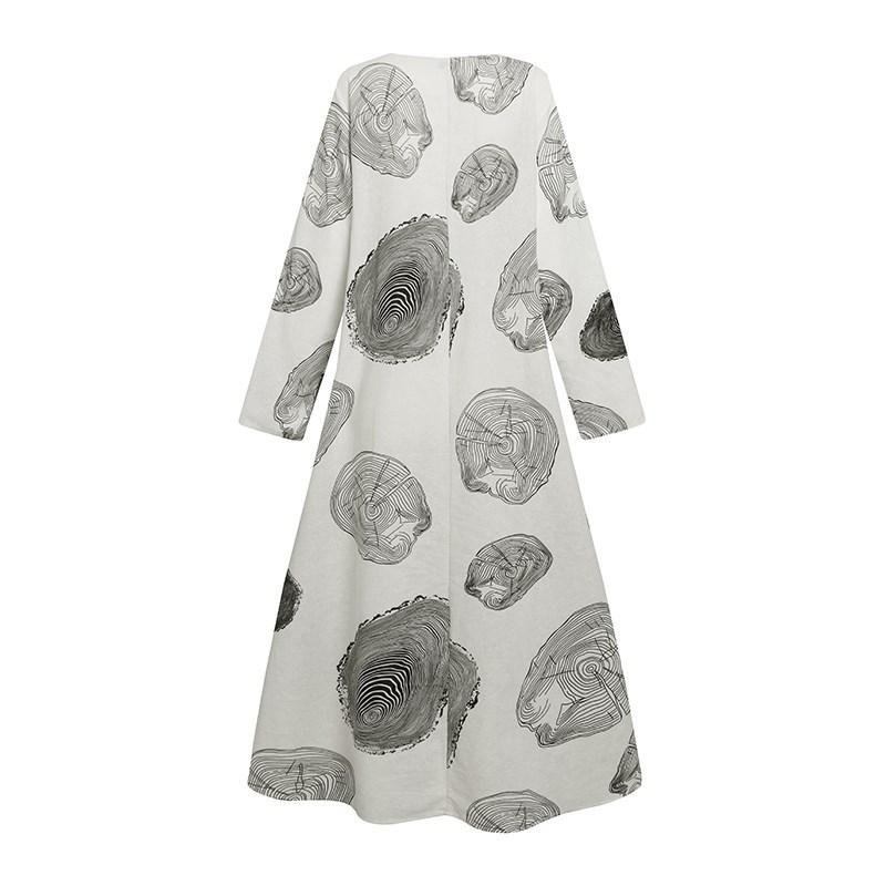 Autumn Women's Print Large Pocket Long Sleeve Casual Retro Dress Black Dresses | EGEMISS