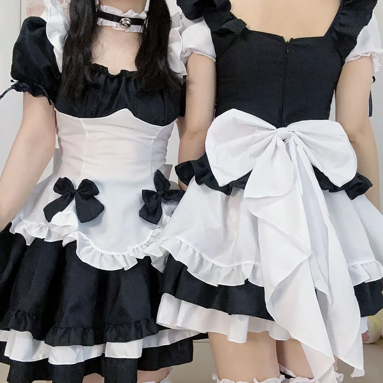 Lolita Square Neck Tiered Bubble Sleeve Paneled Bowknot Mini Maid Dress