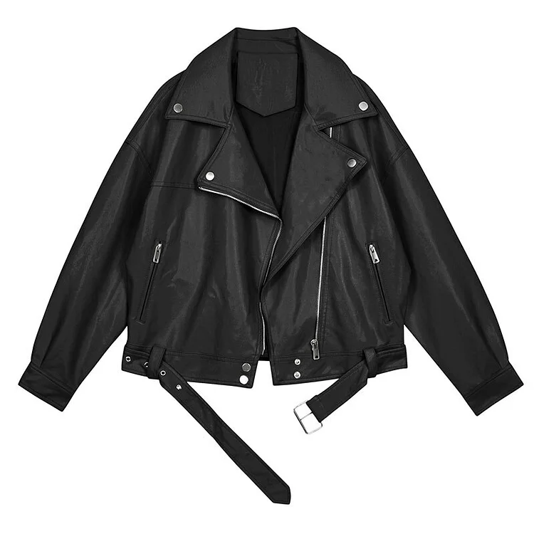 Street Solid Color Lapel Splicing Bandage Zip-up Faux Leather Coat   