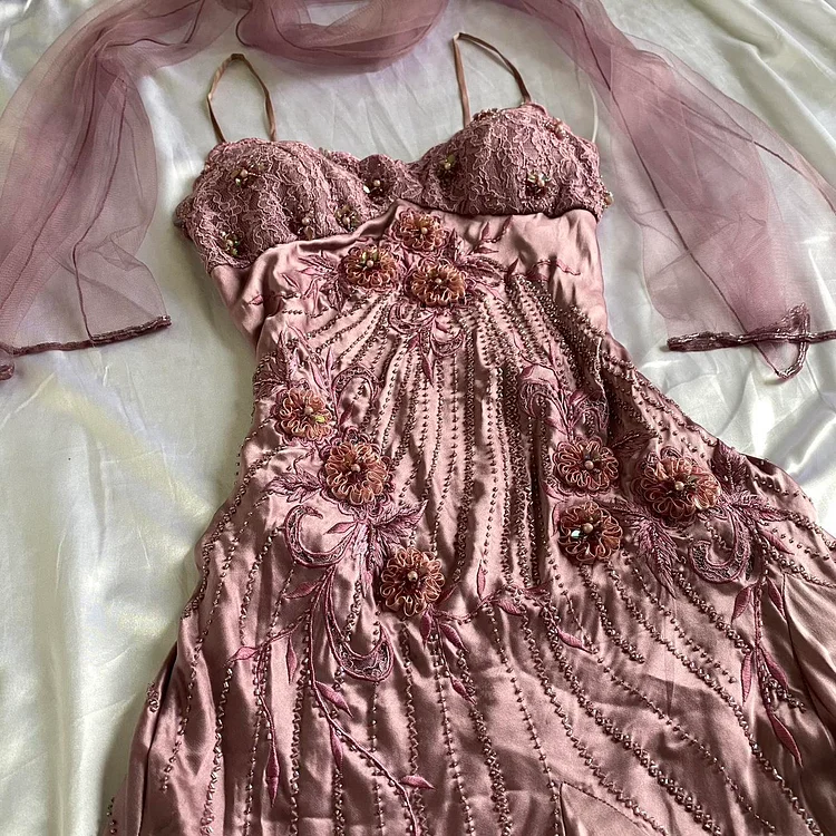 Pink Purple Retro Fashion Beautiful Dreamy Exquisite Floral Beaded Spaetti Straps Short Mid-Length satin Prom Dress Evening Party Dress Prom Dress Homecoming Dress