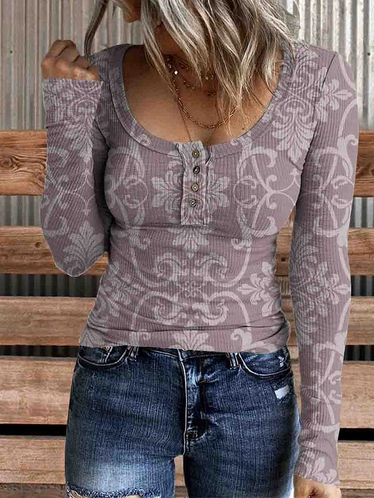 Women's Vintage Floral Print Casual Long Sleeve Comfortable Henley Top