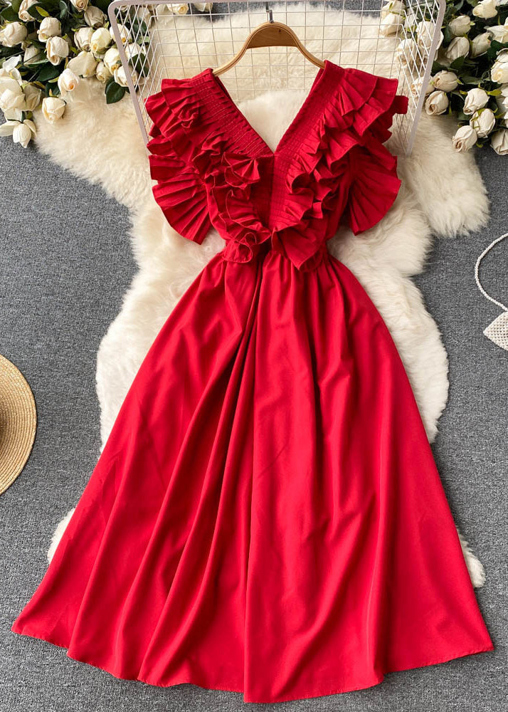 VCSHOES Red Ruffled Button Solid Cotton Dress Summer