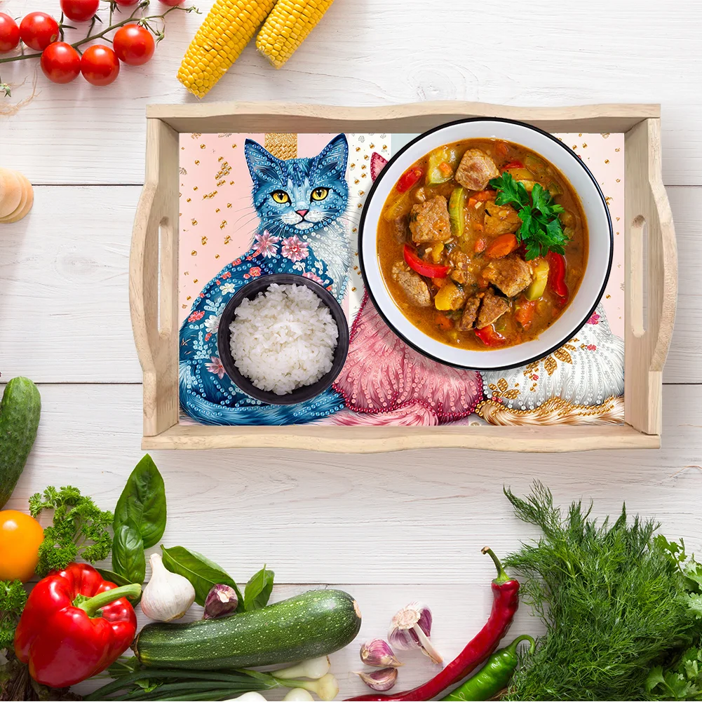 5D DIY Cat Diamond Painting Wooden Serving Tray with Handle for Desk