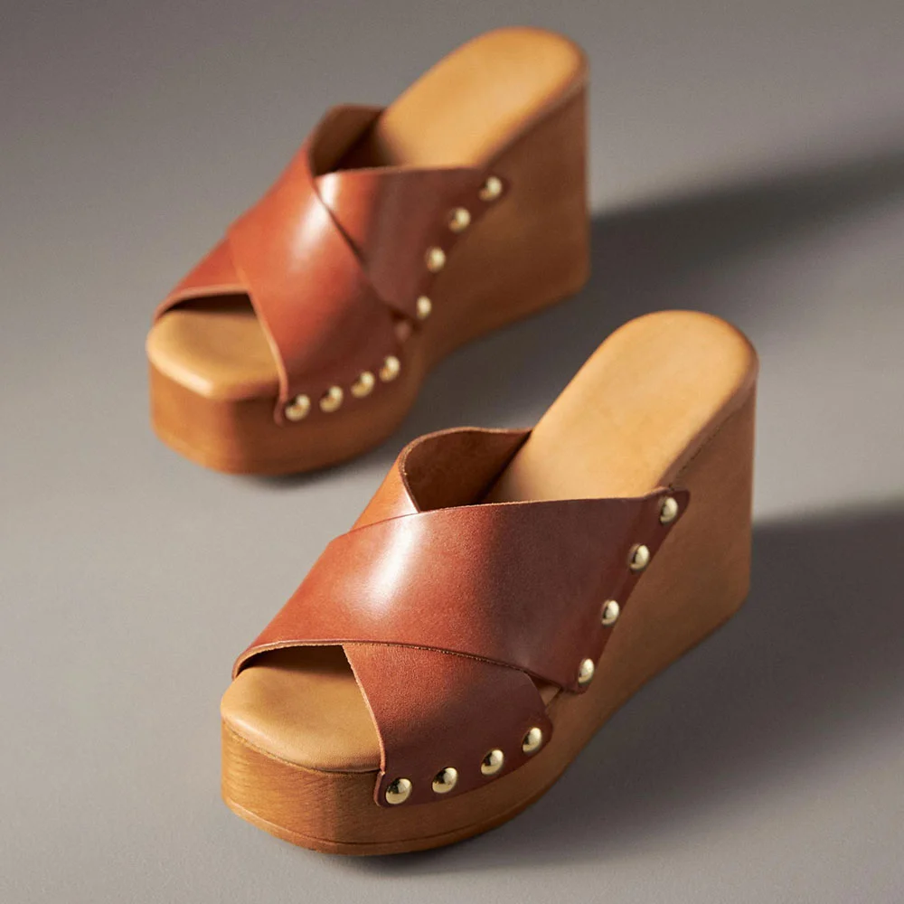 Simple Brown Open-Toe Wedge Heel Cross-Strap Studded Mules Shoes