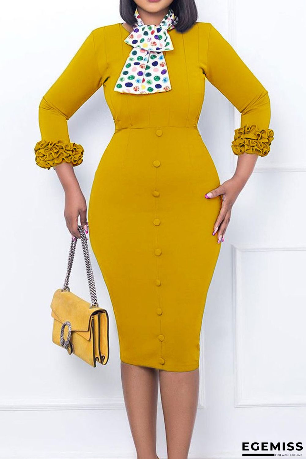 Yellow Casual Work Solid Patchwork Slit Stringy Selvedge O Neck One Step Skirt Dresses (Contain Silk Scarves) | EGEMISS