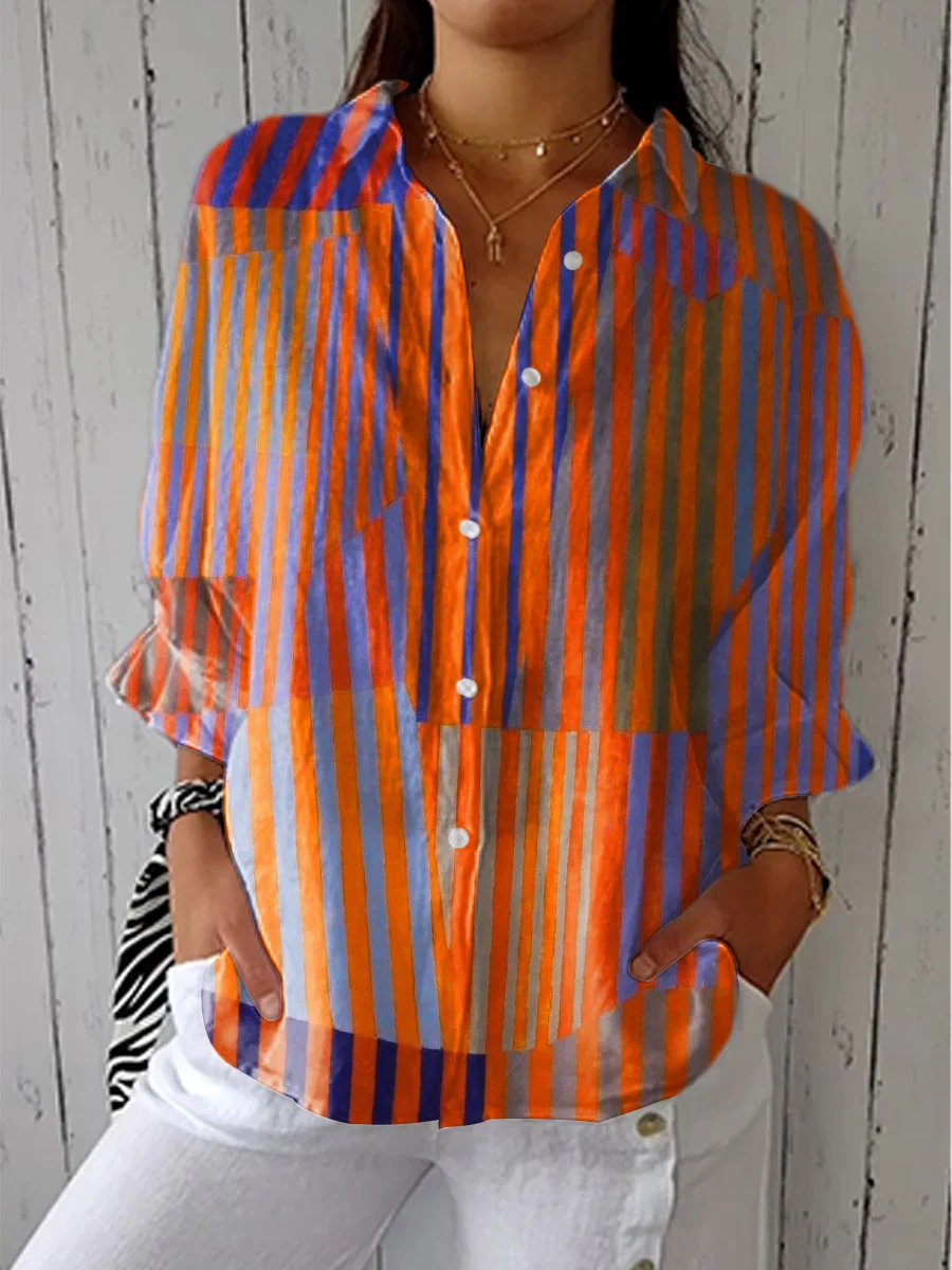 Women's Vintage Colorblock Striped Art Print Casual Linen V-neck Shirt