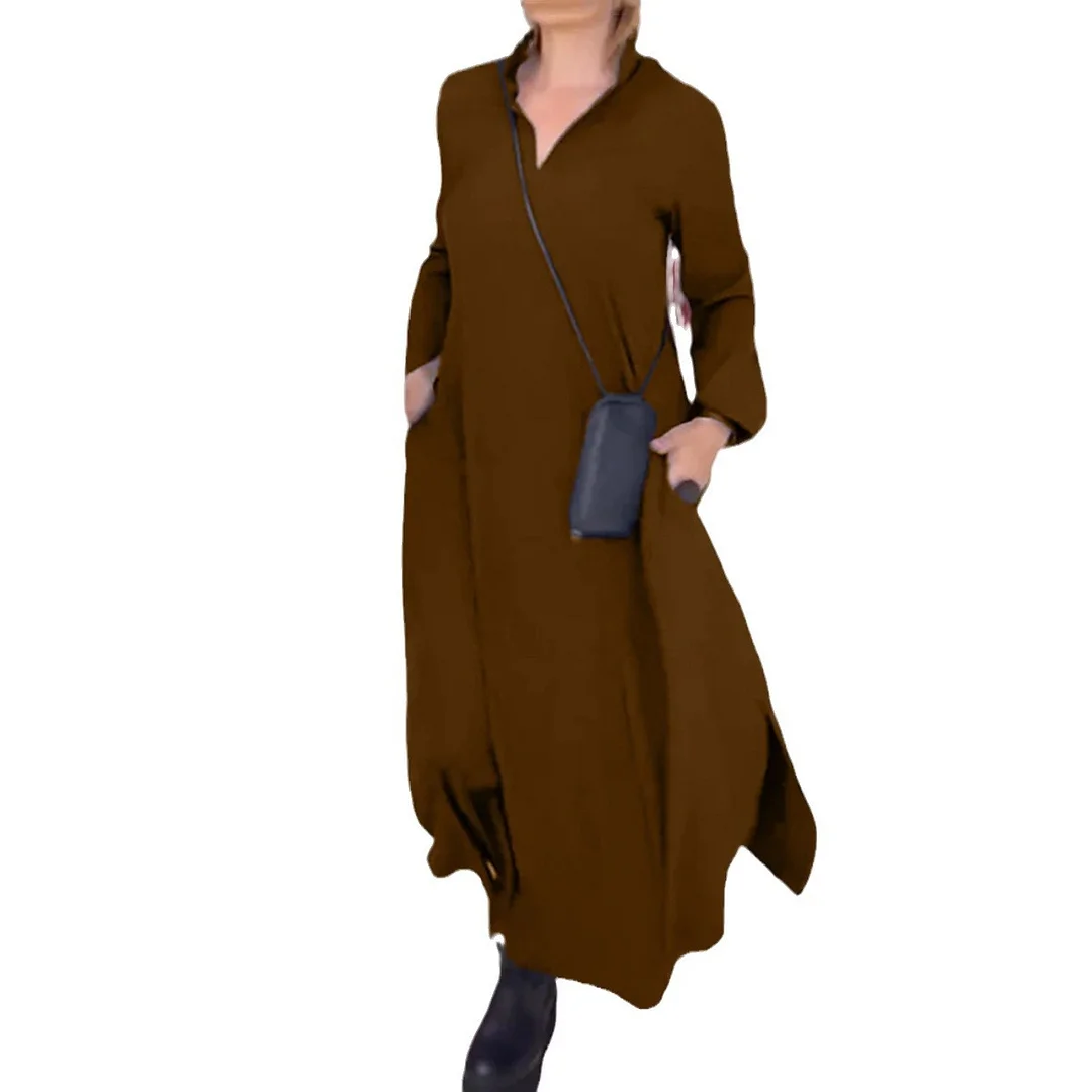 Nigikala Nigikala Summer New Casual Solid Color Loose Thin V Collar Long Sleeve Dress