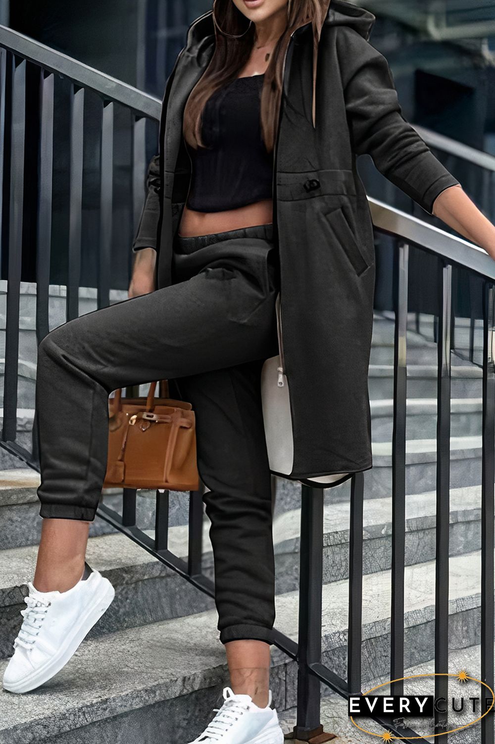 Split Zip Up Hooded Jacket & Slant Pocket Pants Set Without Crop Top