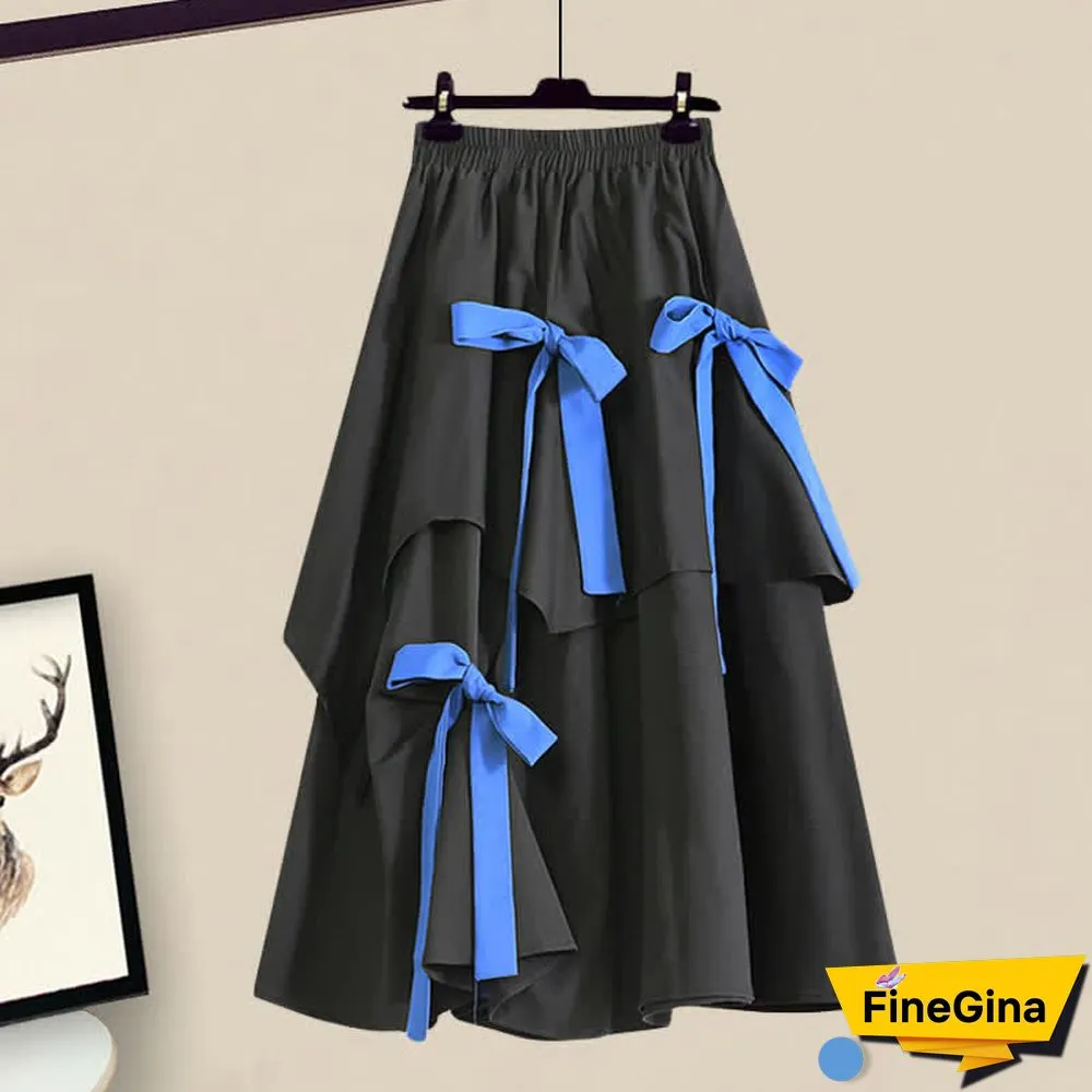 Letter Print T-Shirt Irregular Bow Decor SKirt Two Pieces Set