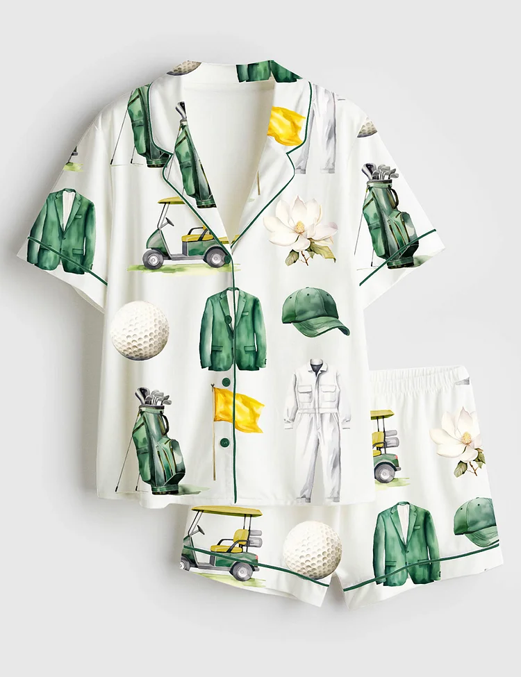 Women&rsquo;s Watercolor Golf Tournament Golfing Master Golf Cart Green Jacket Club Short Sleeve Satin Pajama Set
