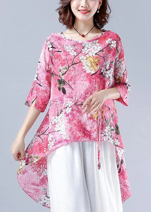 Classy pink Plant printing clothes For Women o neck asymmetric tops