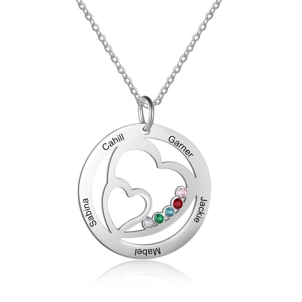 Heart Necklace Personalized 5 Names and Birthstones Mom Necklace for Family