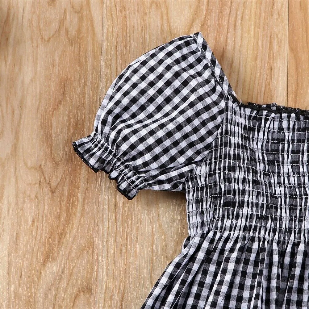 2020 Baby Summer Clothing Toddler Kid Girl Baby Dress Shortsleeve Party Plaid Ruffle Tutu Casual Off Shoulder Elastic Dresses