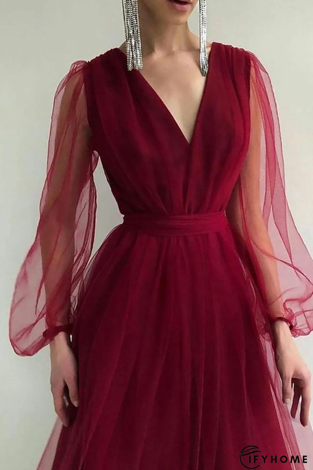 V Neck Tulle Long Sleeve Midi Dress | IFYHOME