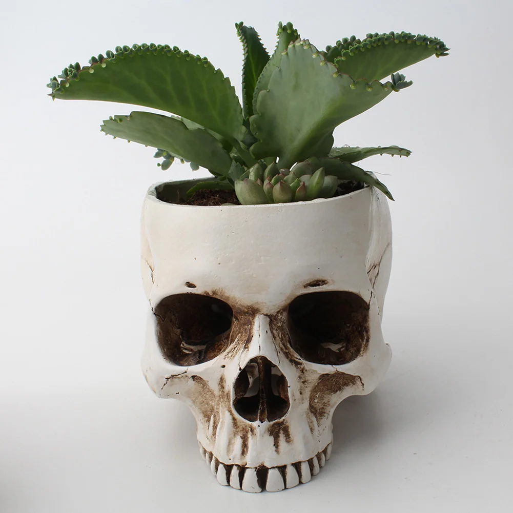 Resin Skeleton Flower Pot Sculptures Garden Office Container Human Skull
