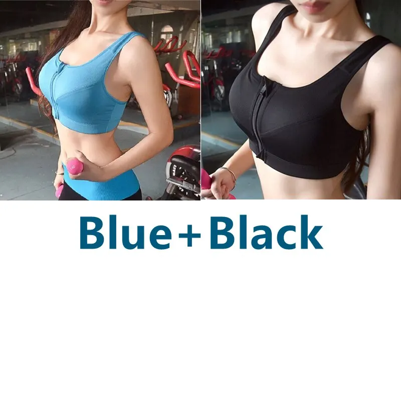 Bras-2Pcs/Set Sports Bra Crop Top Women Sportswear Bras Fitness Female Zipper Underwear Running Shockproof Bras Push Up 5XL Plus Size-Bras