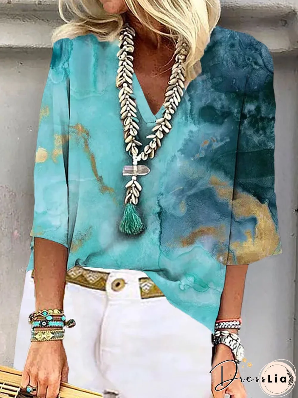 Women's Summer V Neck Casual 3/4 Sleeve Shift Tie-dye Blouses & Shirts