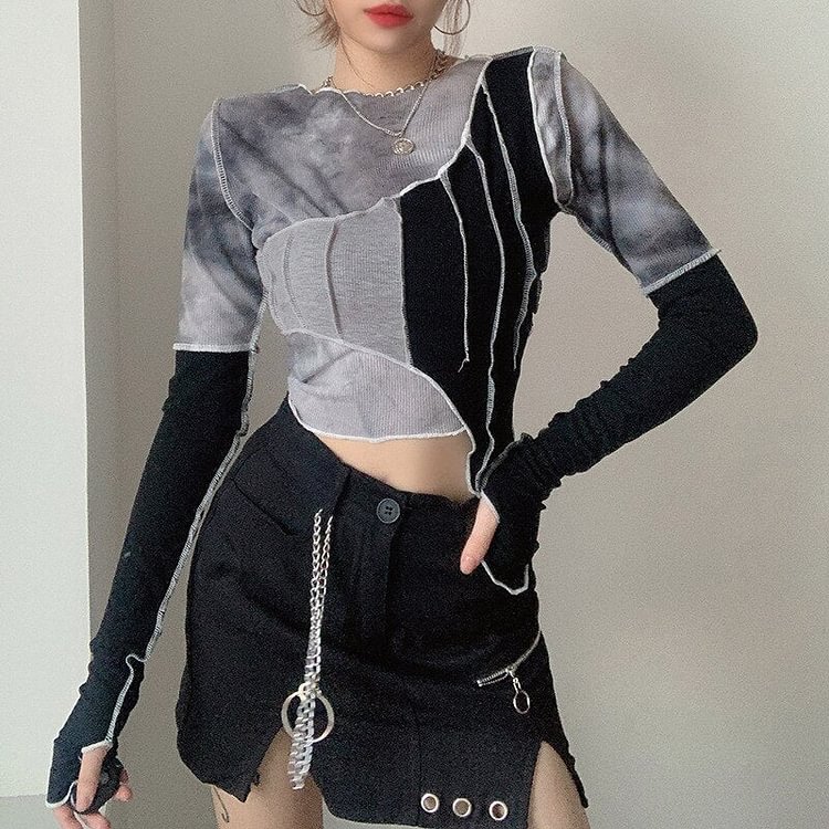 GOTH PATCHWORK LONG SLEEVE BLACK CROP TOP