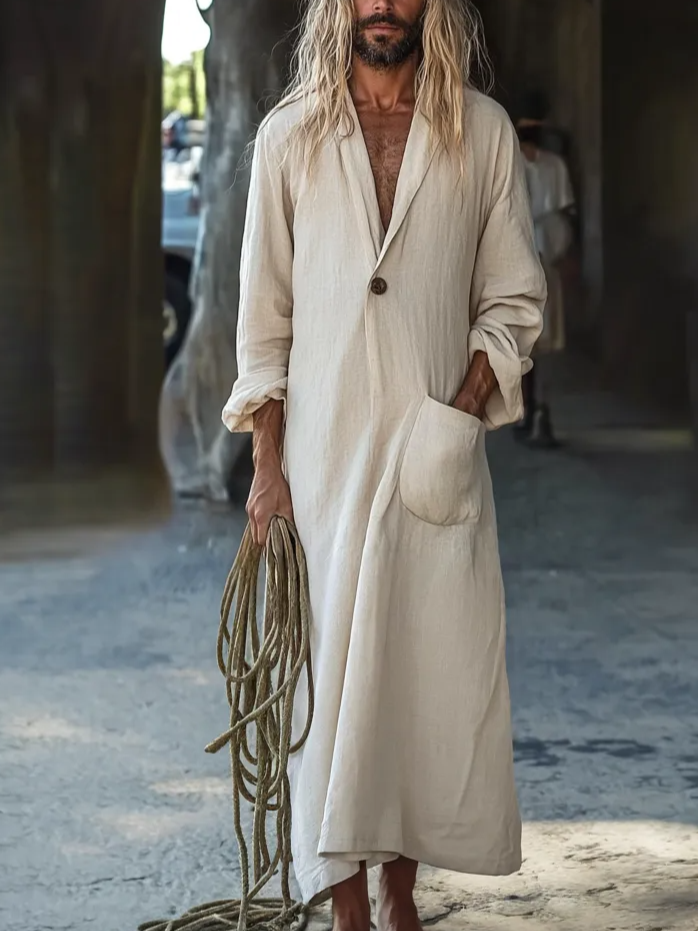 Beige Linen V-neck Kaftan