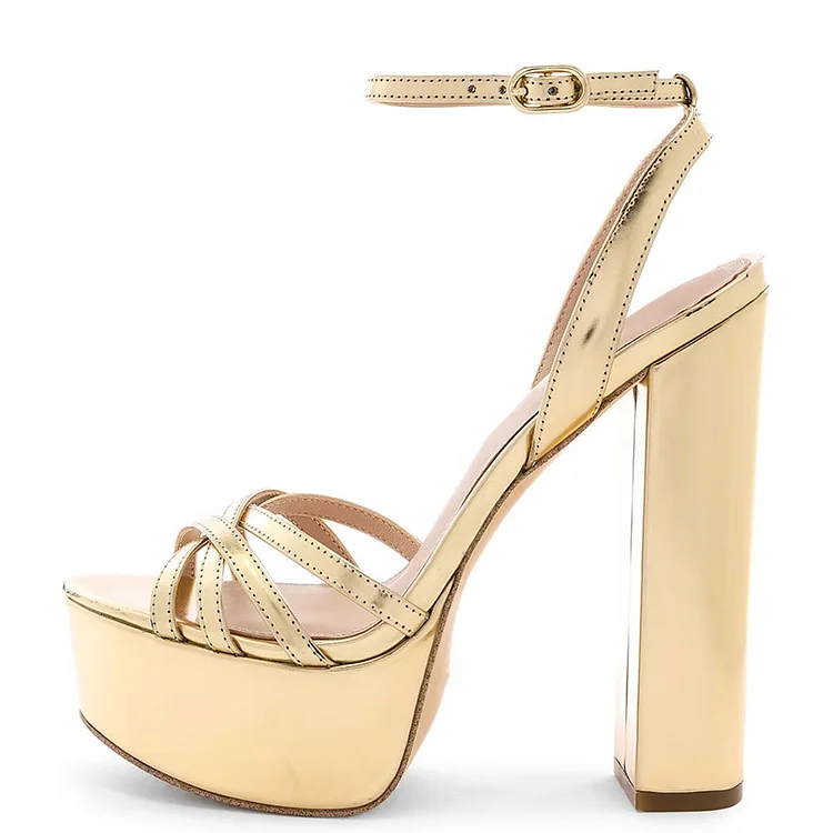 Custom Made Gold Chunky Heels Platform Sandals |FSJ Shoes