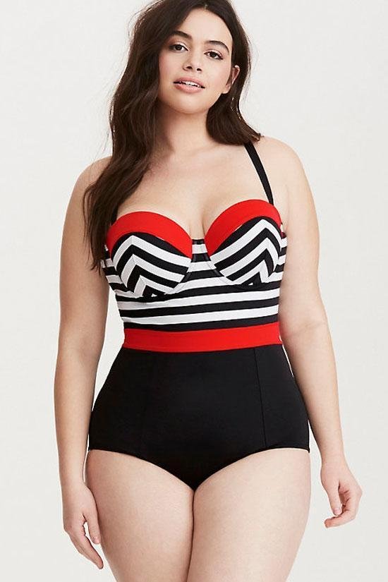 Plus Size Color Block Striped Push Up One Piece Swimsuit-elleschic