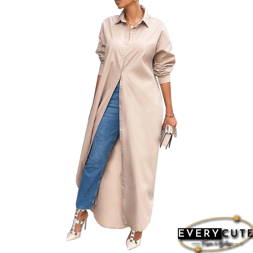 Khaki Long Sleeve Buttoned Maxi Shirt Dress