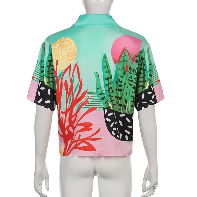 BIIKPIIK Beach T-shirts Women Print Short Sleeved Loose Tops Turn Down Collar Buttons Female Vacation Outfits Hot Summer Blouses