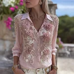 Vintage Boho Pink Floral Glitter Comfy Linen Blouse - Image 2