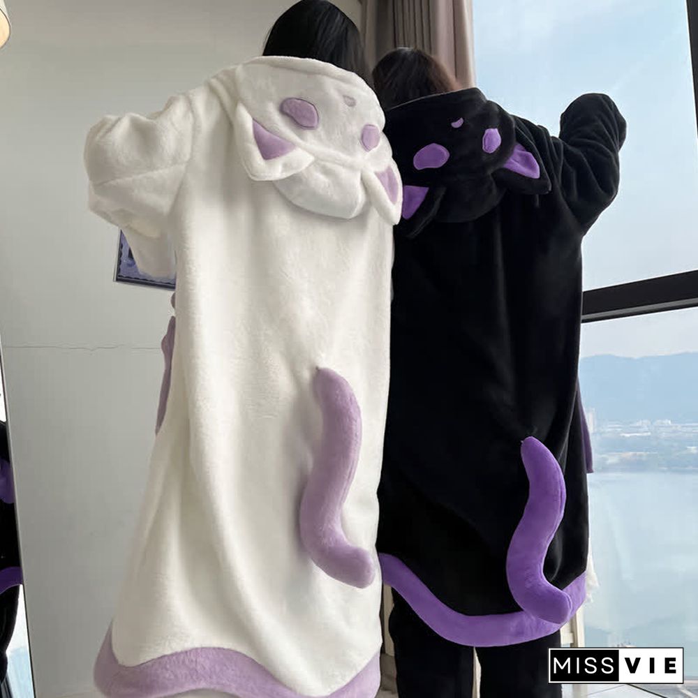 Cartoon Ghost Cat Plush Hooded Pajamas Set