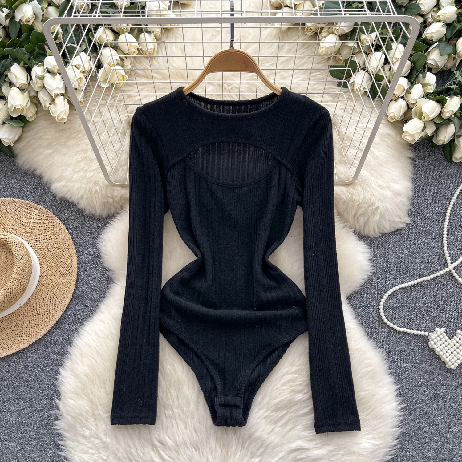 Hedirax Foamlina American Women's Sexy Chest Hollow Out Jumpsuit Female Round Neck Autumn Long Sleeve Bottoming T-shirt Top Bodysuit