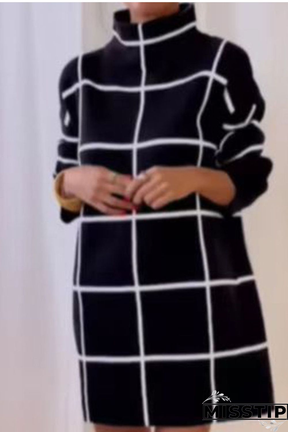 Cream White Casual Print Patchwork Half A Turtleneck Straight Dresses