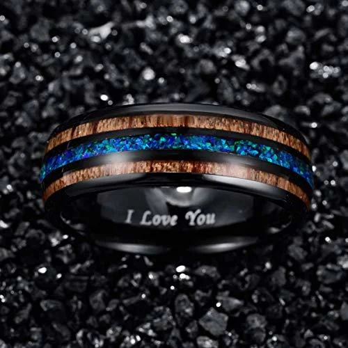 6MM 8MM Women's Or Men's Tungsten Carbide Wedding Matching Rings Black Tone Wood and Sea Blue Opal Inlay I Love You Text