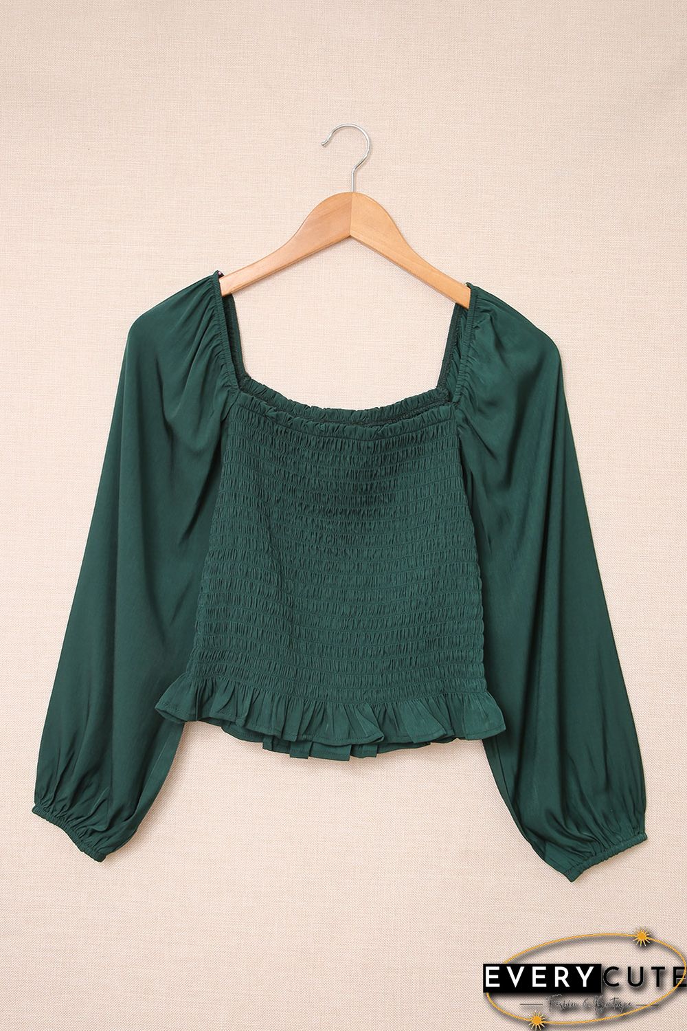Green Puff Sleeve Smocked Top